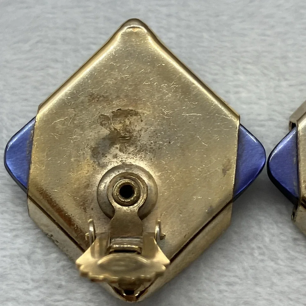 Vtg. 50's Thermoset Moonglow Blue Lucite Clip On‎ Gold Tone Earrings MCM